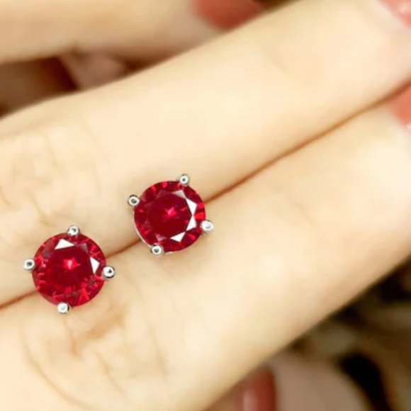 4 CT LAB CREATED RED RUBY STUD EARRINGS 14K WHITE GOLD ROUND CUT 7MM PUSH BACK - Picture 4 of 7